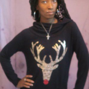 No Boundaries turtle neck reindeer long sleeve shirt cowl neck in black and gold